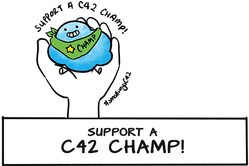 A white hand extends out from a white rectangle with the words 'Support a C42 Champ!'. In the hand is a small blue cloud wearing a green sash with the word 'CHAMP' and a yellow star.