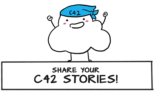 A smiling white cloud wearing a blue bandana with the words 'C42' on it. The cloud is standing on a white rectangle with the words 'Share Your C42 Stories!'.