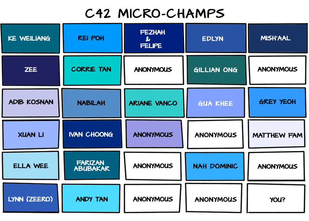 A six by five grid of names in rectangles of various colours. At the top are the words 'C42 MICRO-CHAMPS' in black font.