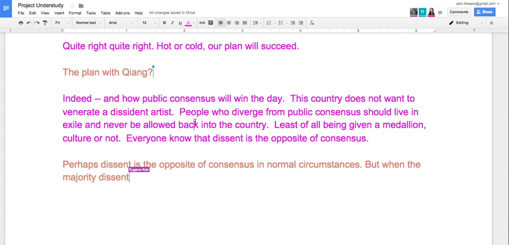 A screenshot of a Google Document titled 'Project Understudy', with text being written in alternating colours by two separate people.
