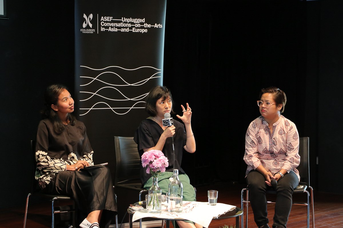 Photograph of ASEF Unplugged Arts Futures, with 3 speakers seated on couches at the Centre 42 Black Box. Photograph of ASEF Unplugged Arts Futures, with 3 speakers seated on couches at the Centre 42 Black Box.