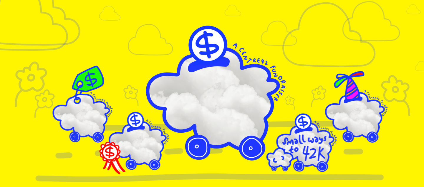 Banner for Small Ways to 42k 2022 Campaign. A number of clouds on wheels are depicted, representing the different ways to donate to Centre 42.