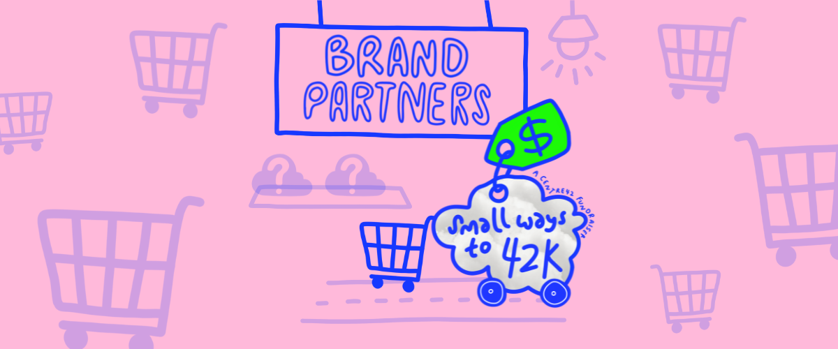Banner for Brand Partners. The banner features a cloud with wheels and a shopping cart alongside it. A sign is hung above the cloud, which reads "Brand Partners".