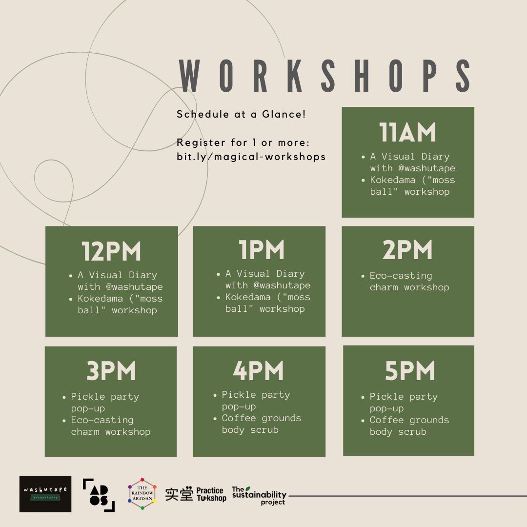 Schedule of Workshops displayed in 7 green boxes. Each box representing the time on an hourly basis from 11am to 5pm, and small text of the workshop name respectively Schedule of Workshops displayed in 7 green boxes. Each box representing the time on an hourly basis from 11am to 5pm, and small text of the workshop name respectively