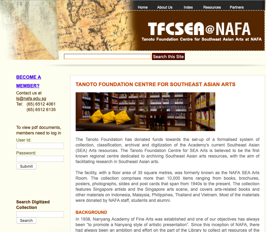 A screenshot of the landing page for the Tanoto Foundation Centre for Southeast Asian Arts, featuring information about their archives.