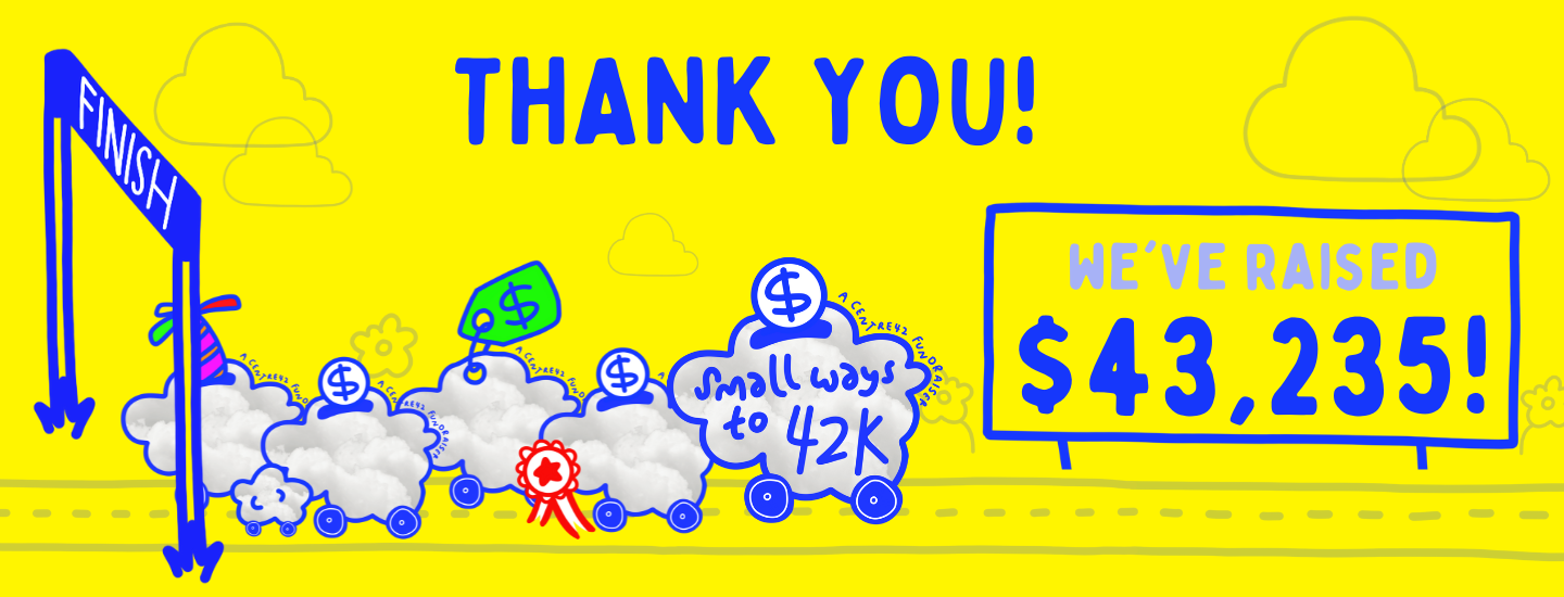 Illustration of Small Ways cloud cars on a track past a finishing line marked as "FINISH". A signage at the position of the cloud car states "We've raised $43,235!". The words "Thank you!" is printed above.