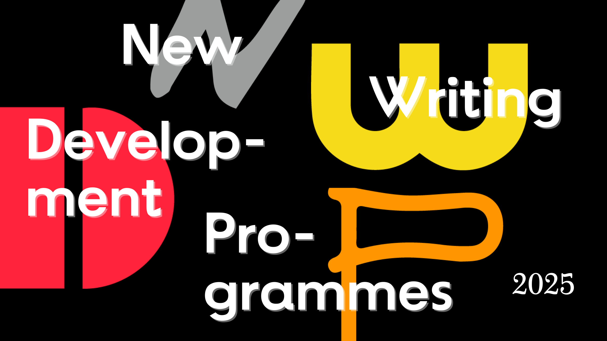 A publicity image with a black background colour, and colourful shapes that form up the letters NWDP, with the title and year of the programme reflected in white text.