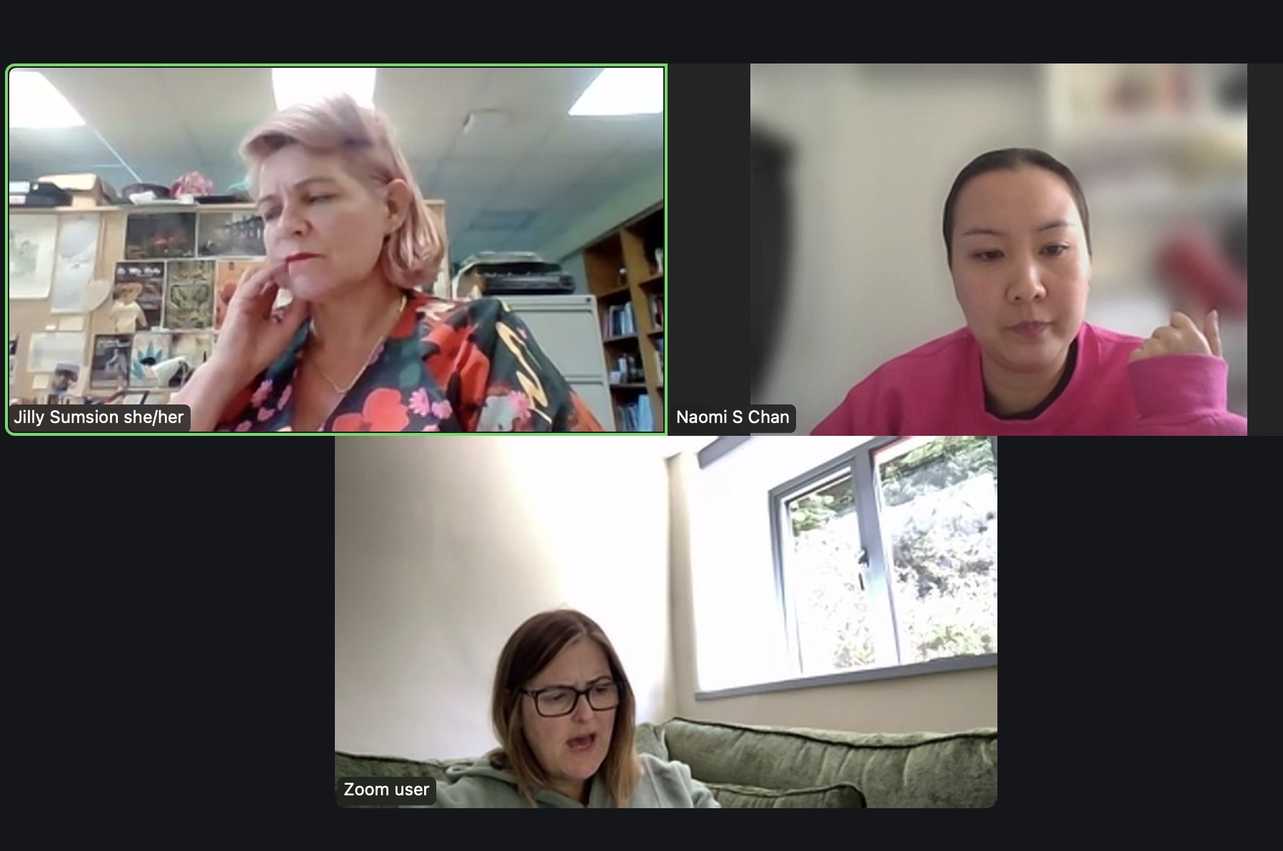 A screenshot of a Zoom recording featuring three persons.