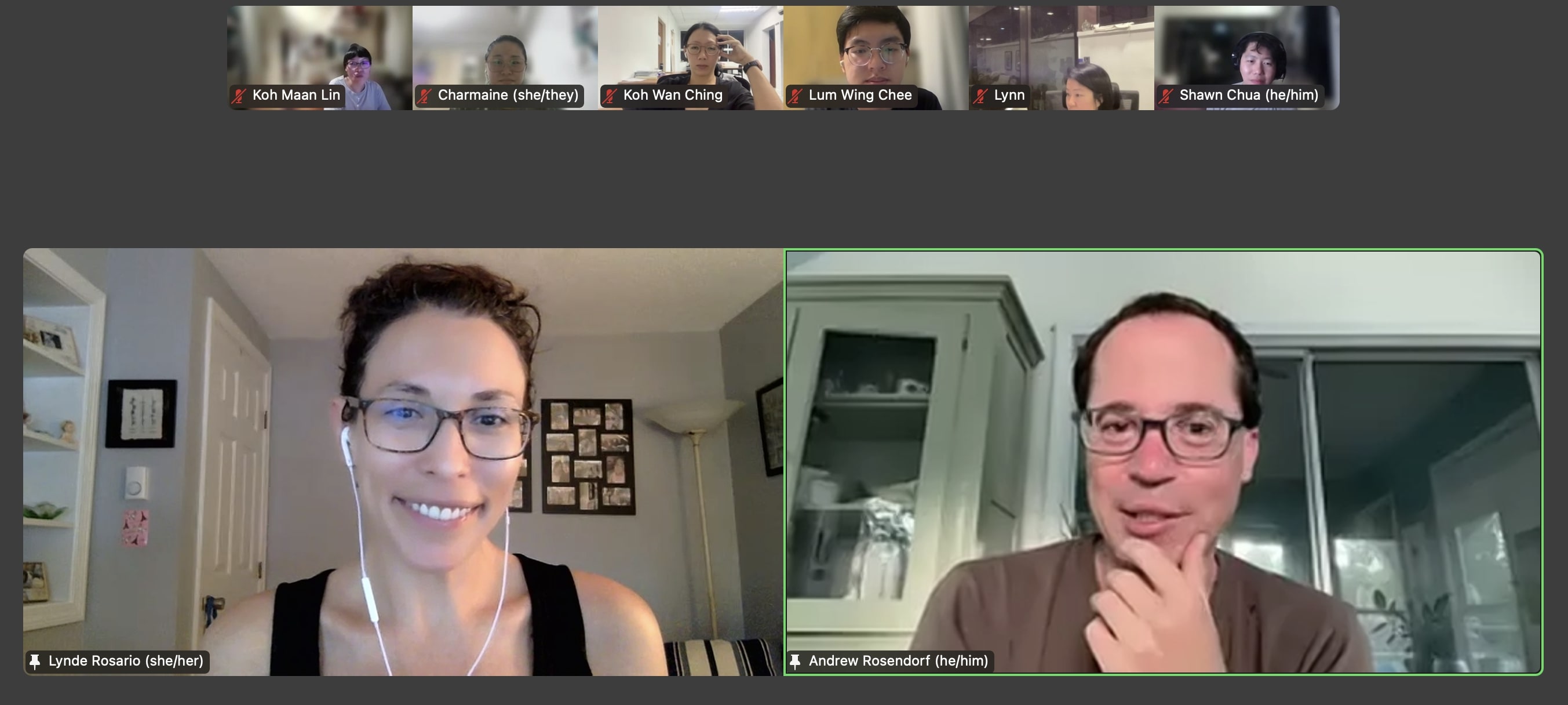 A zoom meeting highlighting the pinned window of the dramaturg Lynde and Playwright Andrew
