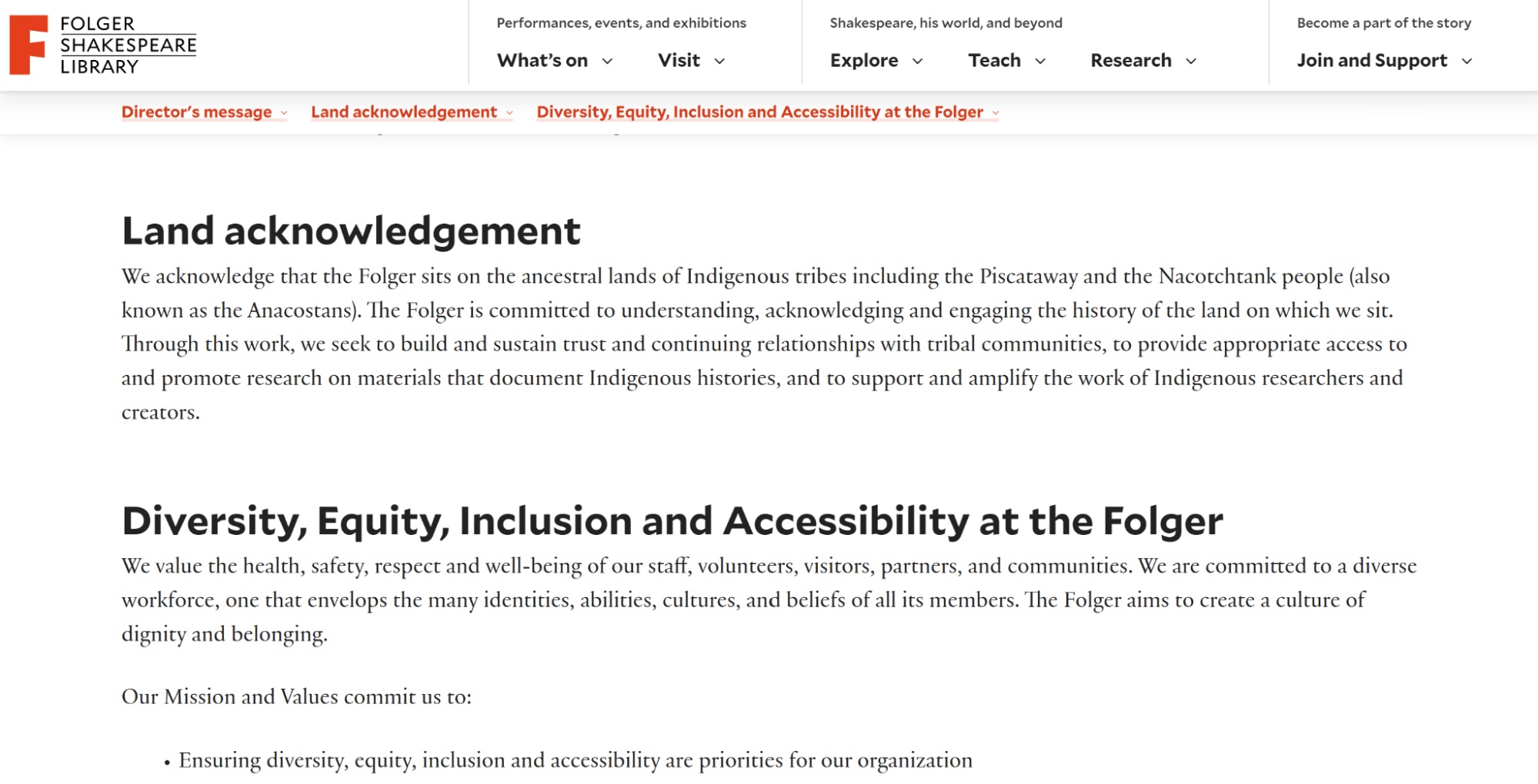 Screenshot of Folger Shakespeare Library's Culture and Values page. Screenshot of Folger Shakespeare Library's Culture and Values page.