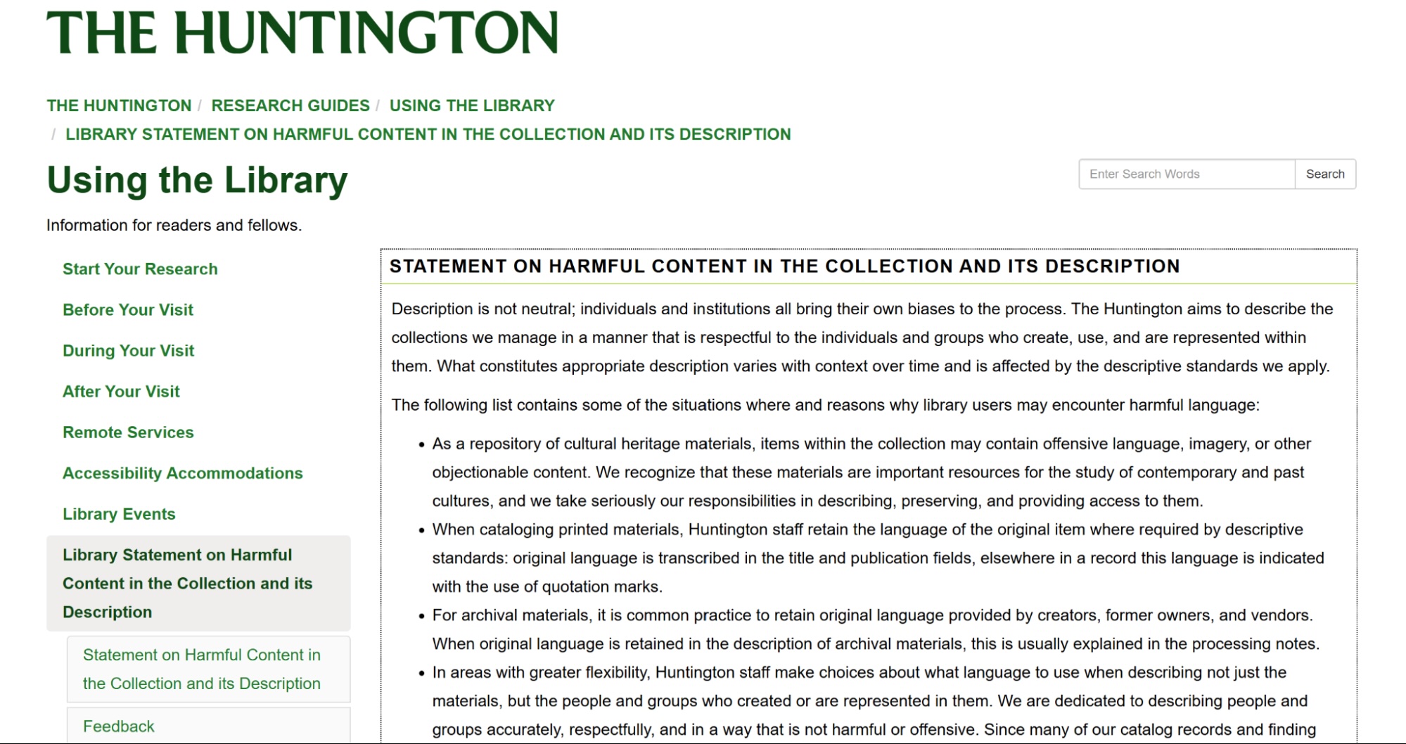 Screenshot of The Huntington's website, discussing its library statement on harmful content. Screenshot of The Huntington's website, discussing its library statement on harmful content.
