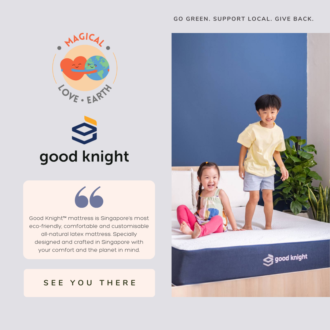 Two young children standing on top of a latex mattress, a product by Good Knight company
